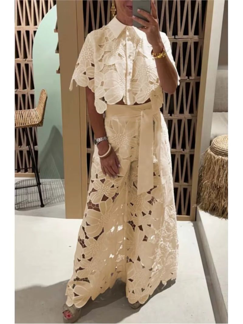 Eyelet Lace Top + Wide Leg Pant Set