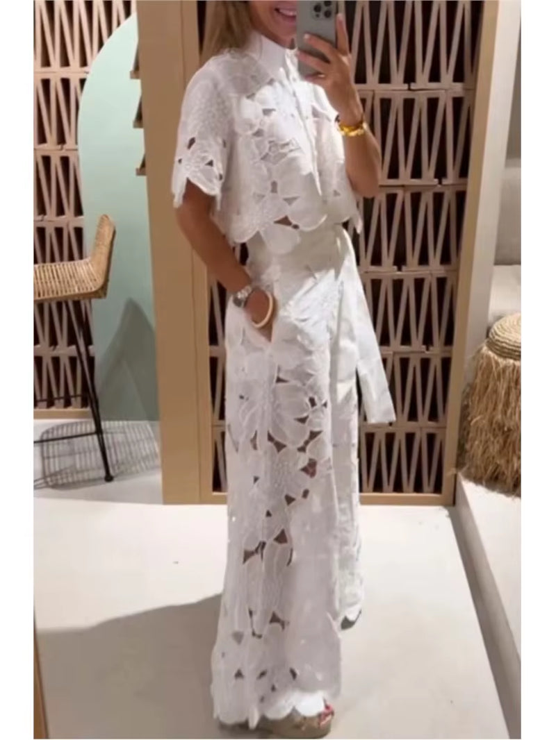 Eyelet Lace Top + Wide Leg Pant Set