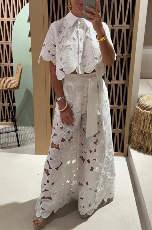 Eyelet Lace Top + Wide Leg Pant Set 
